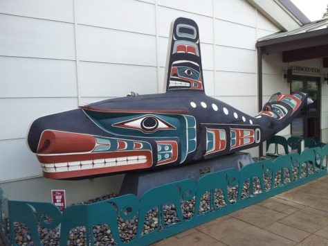 beautifully carved whale outside Jamestown S'Klallam Tribal Center