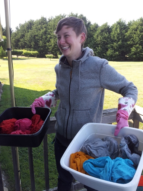 These fabrics were first rinsed outdoors in cold water to get most of the excess dye removed.