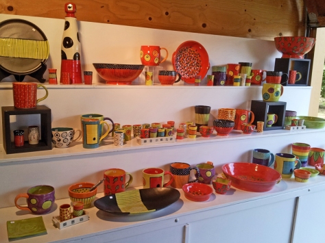Diana Cronin's colorful pottery on display at her home studio, Egg & I Pottery